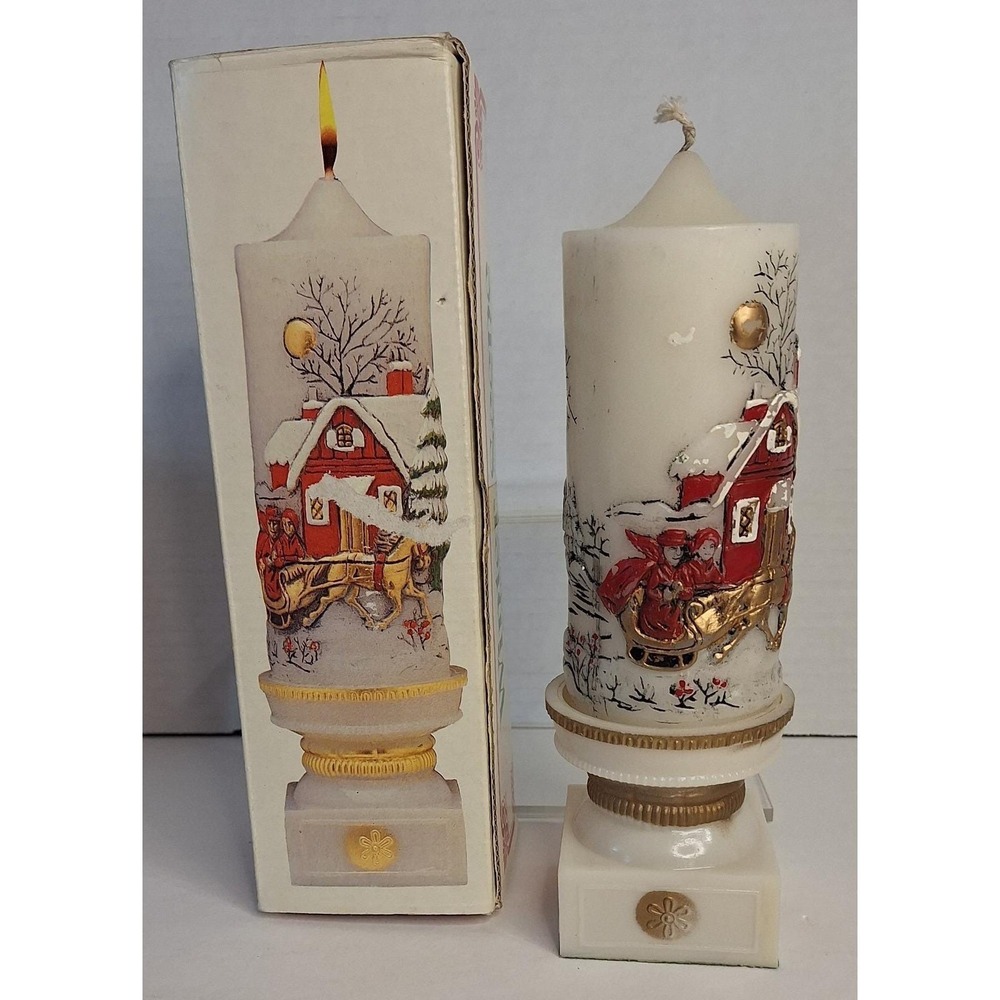 Vtg Christmas Pillar Candle And Holder Winter Scene Laurence Of Northboro 6 Inch